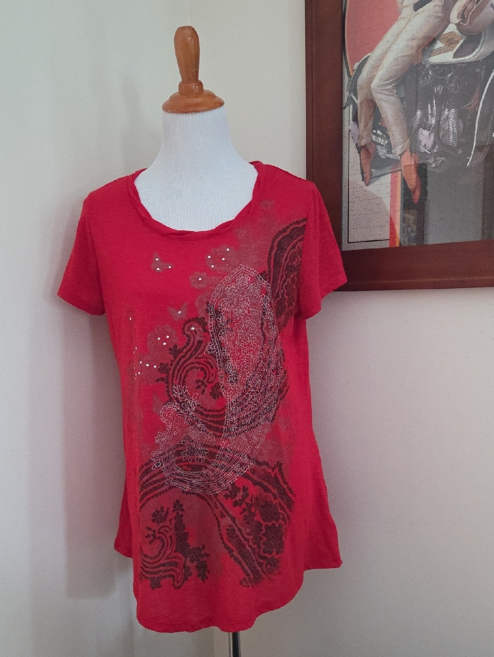 Faded Glory Red Short-Sleeve Tee with Black Paisley Print